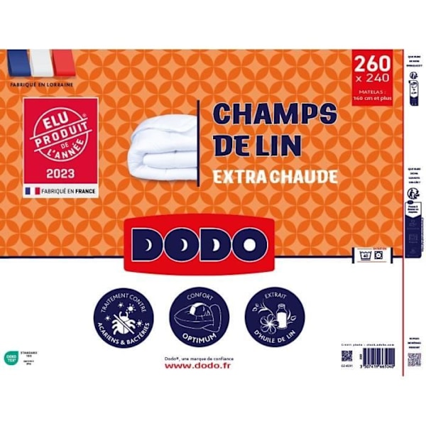 Täcke 240x260 cm DODO CHAMPS DE LIN - Varm - 450G/m² - Täcke för 2 personer - Mjuk och varm - Anti-kvalster Antibakteriell Vit