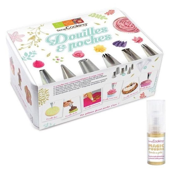 Coffret med 6 rustfrie bageforme og engangsposer + 1 gylden iriseret pulver gyllene