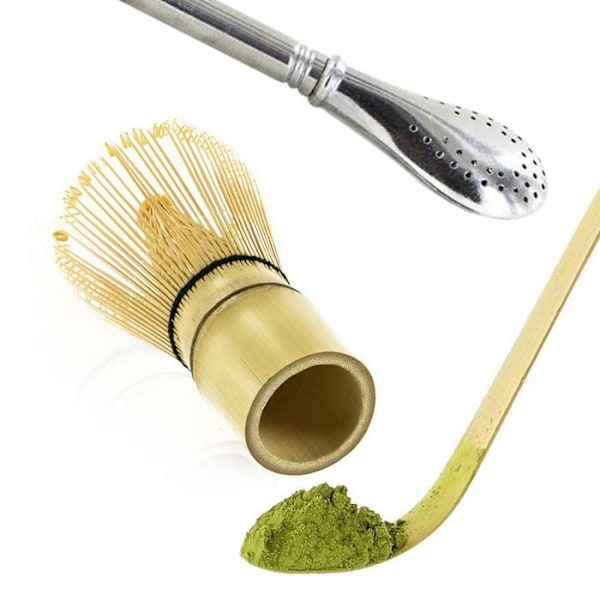 2 bambu matcha teeastiaa + ruostumattomasta teräksestä valmistettu pilli suodattimella