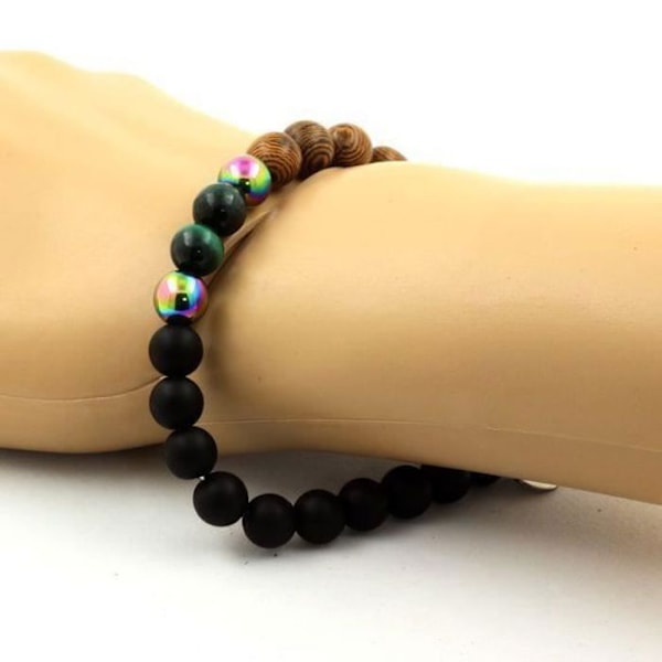 Stenar och mineraler. Congo Malachite Beads Armband + Multicolored Hematite + Black Onyx Made in France.