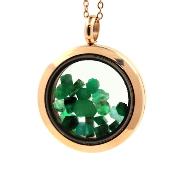 Kivet ja mineraalit. Raw Emerald kaulakoru. Mitali malli 30 mm. Väri Rose kulta. gyllene