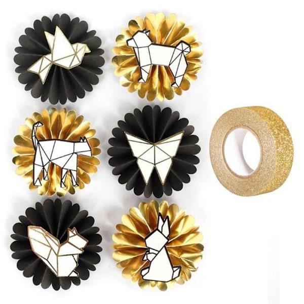 6 3D geometriske dyre- og origami-klistermærker + guldglitter-maskeringstape 5 m Svart, vit, guld