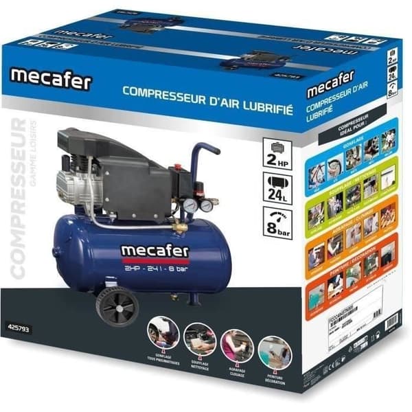 Kompressor - MECAFER - 425793 - Blå - 24 L - 2HK - 8 bar Blå
