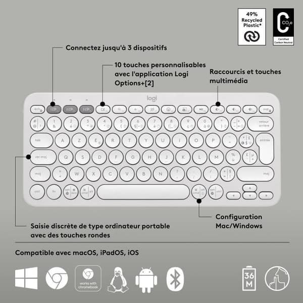 Näppäimistö - Langaton - Logitech - Pebble Keys 2 K380s - Easy-switch - Valkoinen