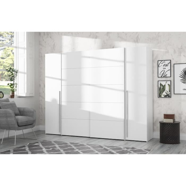 Garderobe - Mat hvid - 2 hængslede døre + 2 skydedøre - L 270,3 x D 61,2 x H 210 cm - NARAGO Matt vit