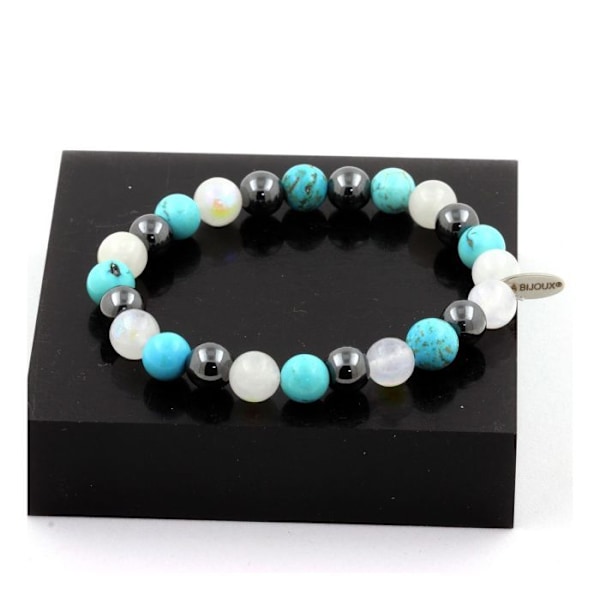 Armbånd - ABIJOUX - Perler Hematite + Turquoise + Månestens - 8 mm - Unisex - Fremstillet i Frankrig Hematit, turkos, månsten