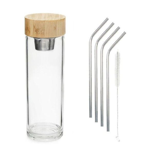 Teinfusionsflaska + 4 sugrör i rostfritt stål