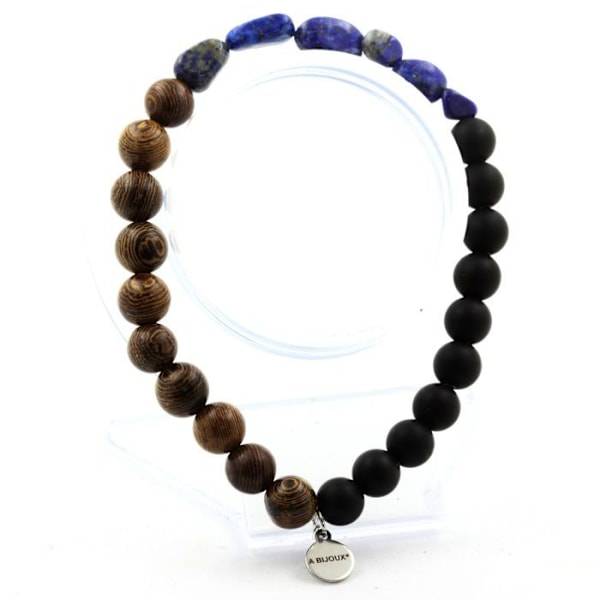 Stenar och mineraler. Lapis Lazuli armband från Pakistan + Mattsvarta Onyxpärlor + 8 mm trä. Tillverkad i Frankrike. Mörkblå