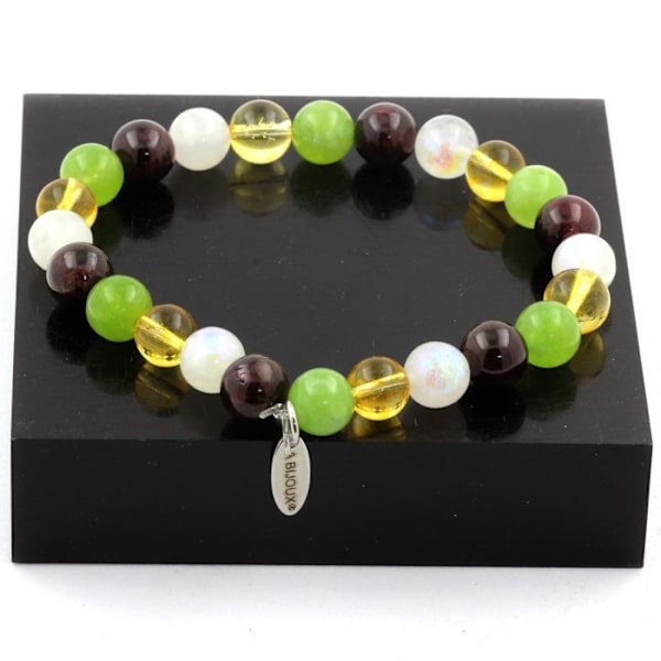 Stenar och mineraler. Citrin + Granat + Månsten + Peridot Beads Armband 8 mm. Tillverkad i Frankrike. Citrin + Granat + Månsten + Peridot