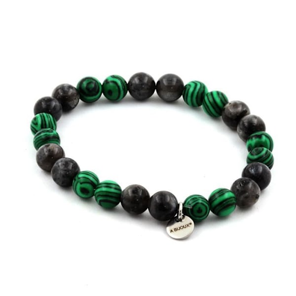 Sten og mineraler. Labradorit + Malachite Beads Armbånd 8 mm. Fremstillet i Frankrig. Grått och grönt