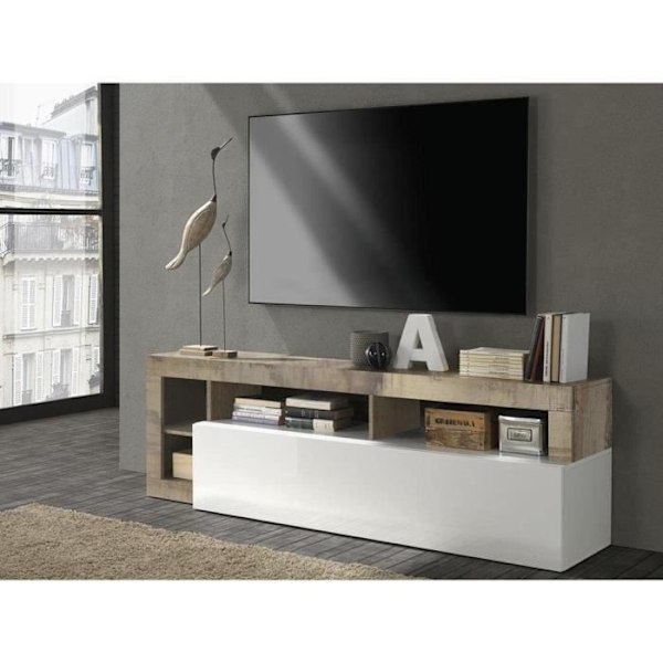 TV-skab med 1 låge - Lakeret hvid finish og vintage træeffekt - L 184 x D 42 x H 56 cm - MAESTRO vintage träeffekt / Blank Vitlacker