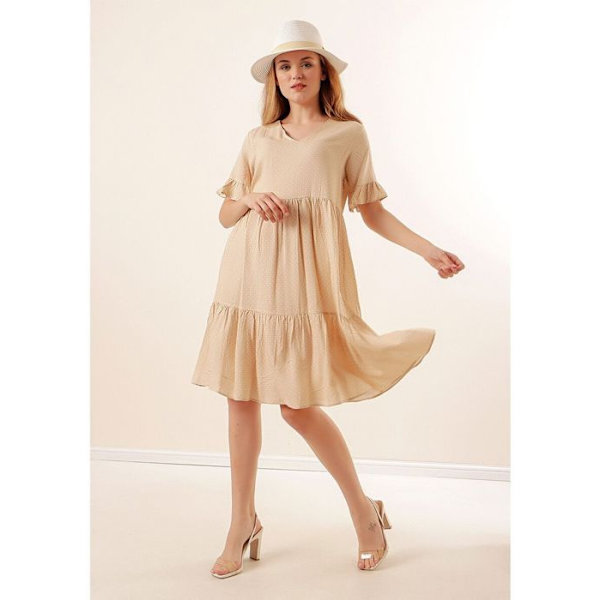 MT Vaatteet - Beigen Täplikkään V-kaula-aukon Yöpuku 36 Beige 36