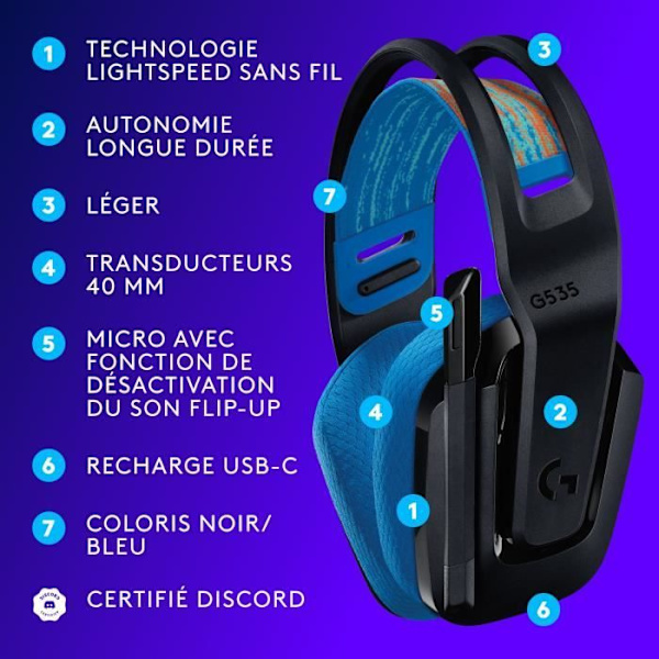 Gaming headset - Trådløs - Logitech G - G535 Lightspeed - PS5, PS4, PC, MAC - Sort/Blå