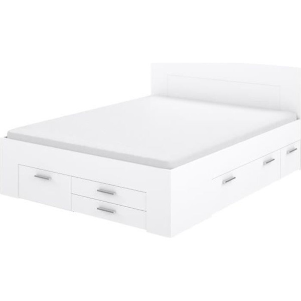 Moderne voksenseng 160x200 cm - 4 skuffer - 2 natborde med niche - Mat hvid indretning - UDINE Vit