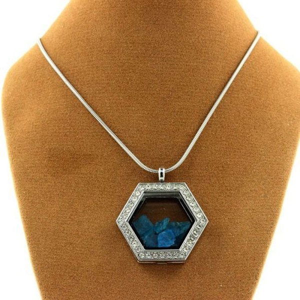 Collier - ABIJOUX - Hexagon - Rustfrit stål - Neonblå apatite - Flydende glas Neonblått