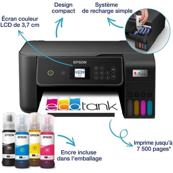 A4 multifunktionsprinter - EPSON - Ecotank ET-2870 - Wi-Fi - Blækbeholdere - 3 års blæk inkluderet