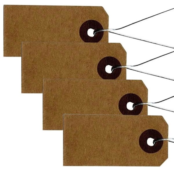 200 kraft-tarraa 4 x 2 cm metallilangalla kastanj