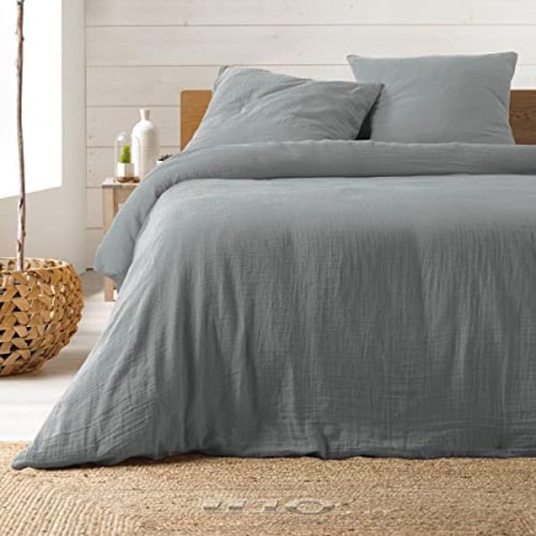 Sengetøjssæt i bomulds gazefabric 240 x 220 cm - Grå Antracit