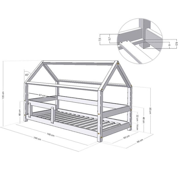 Lit cabane enfant TERY 90 x 190 Harmaa Grå