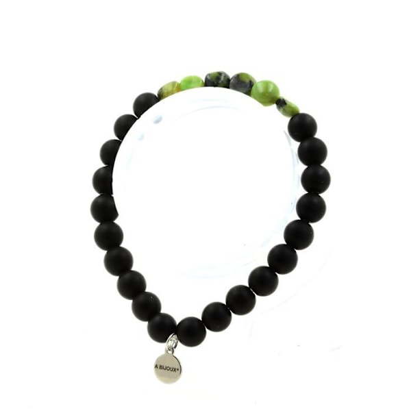 Stenar och mineraler. Jade Nephrite Armband från Xiuyan China + Matte Black Onyx Beads 8 mm. Tillverkad i Frankrike. Grön, Svart