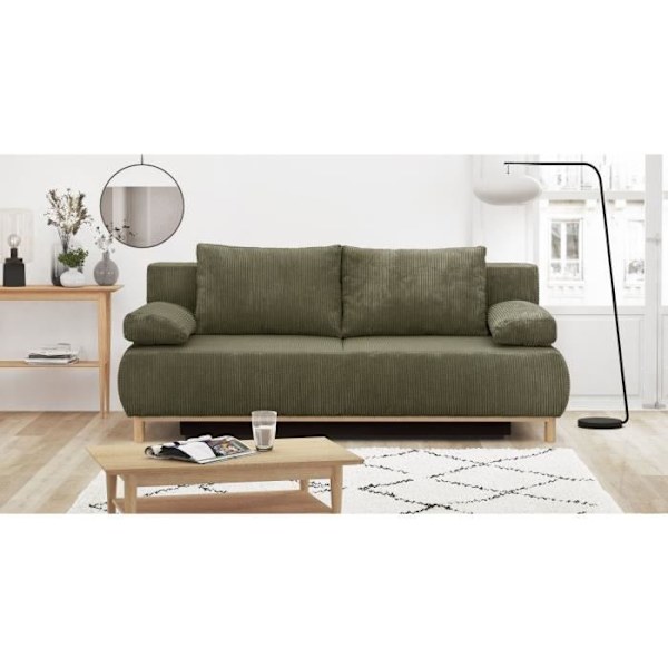MIKA 3-personers konvertibel bænk - Khakigrøn fløjlsbuk - Opbevaringsboks - L 192 x H 84 x D 93 cm Grön khaki