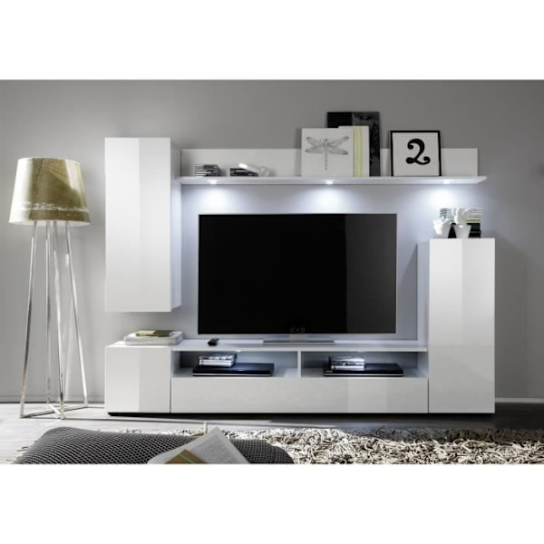 DOS TV kaappi - LED-valaistus mukana - 3 ovea - Matta ja kiiltävä valkoinen melamiini - L208 x S33 x K165 cm Matt vit och blank vit