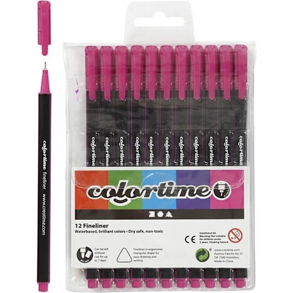Stylos fineliner - Colortime - Tummanroosa - 12 kappaletta - Paksuus 0,6-0,7 mm - Vesipohjainen muste mörkrosa