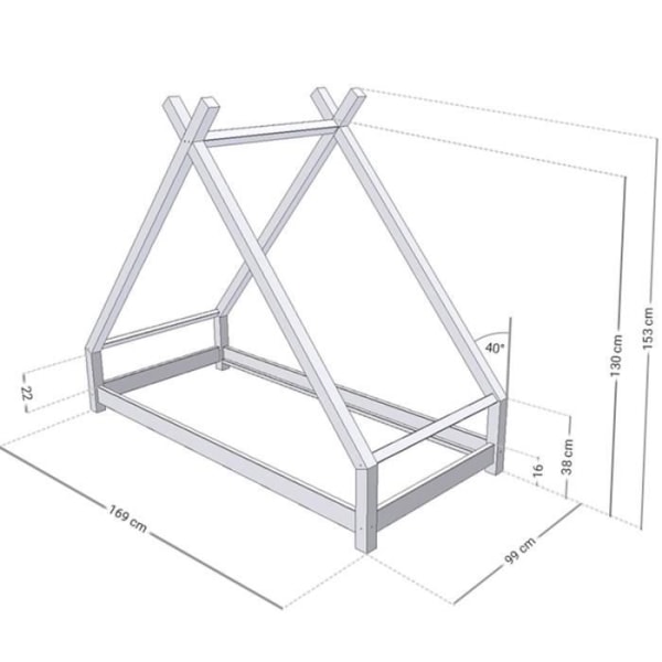 TAHUKA Barnsäng Tipi - Benlemi - Massivt trä - Grå - 80 x 160 cm - Montessori grå