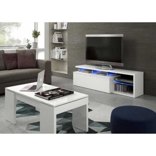 BLUE-TECH vändbar TV-enhet - Vitlackerad melamin - 1 nedfällbar dörr - LED - Blank vit - L150 x D41 x H43 cm lysande vit