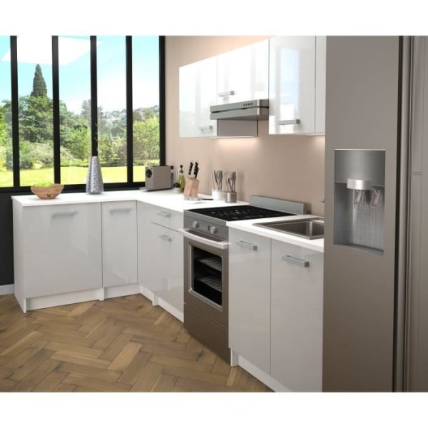 START Komplet hjørnekøkken - Hvid melamin - Blank hvid polymerfront - L290 x D150 cm - Bordplade medfølger -