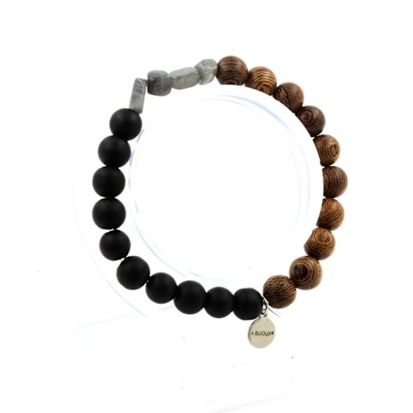 Sten og mineraler. Finsk labradorit armbånd + mat sorte onyx perler + 8 mm træ. Fremstillet i Frankrig. Svart grå
