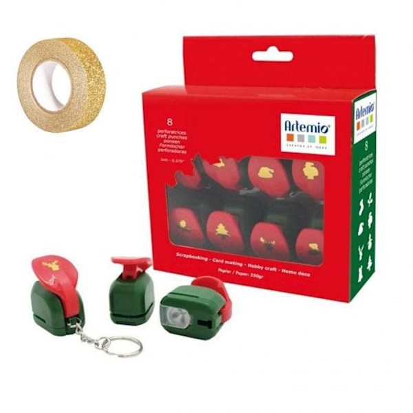 Kit med 8 julstansar + gul glittrig masking tape 5 m Röd, grön, guld