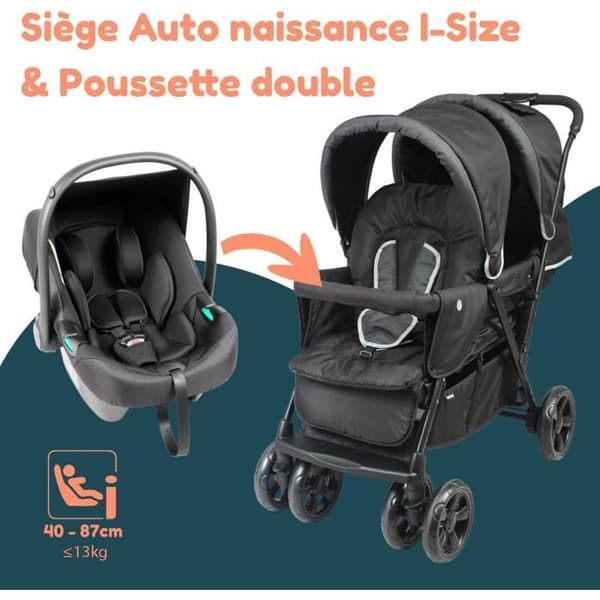 Doubeltvillingvogn - BAMBISOL - Kombi Dobbeltvogn + I-size Autostol - 4 hjul - Sort