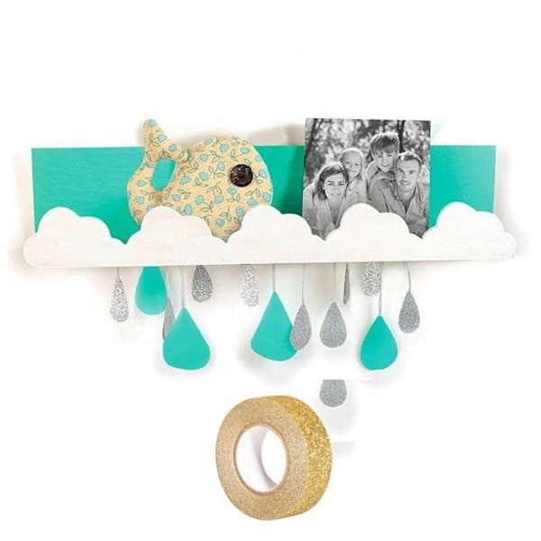 Vägghylla trä 42 x 9 cm Moln + guldglittrande masking tape 5 m Beige