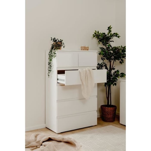 CAPETOWN byrå - Blank vit dekor - 6 lådor - L80 x H131,5 x D40 cm lysande vit