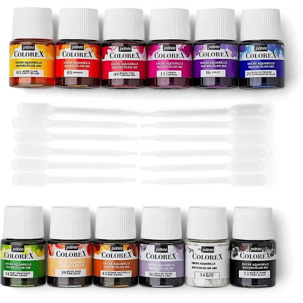 Set med 12 Colorex essentiella flaskor 20ml Färger som är blandbara med varandr
