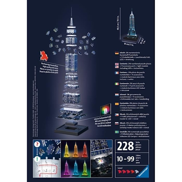 3D Empire State Building valaistu palapeli - Ravensburger - 216 osaa - Värilliset LEDit - 10-vuotiaat ja sitä vanhemmat Flerfärgad