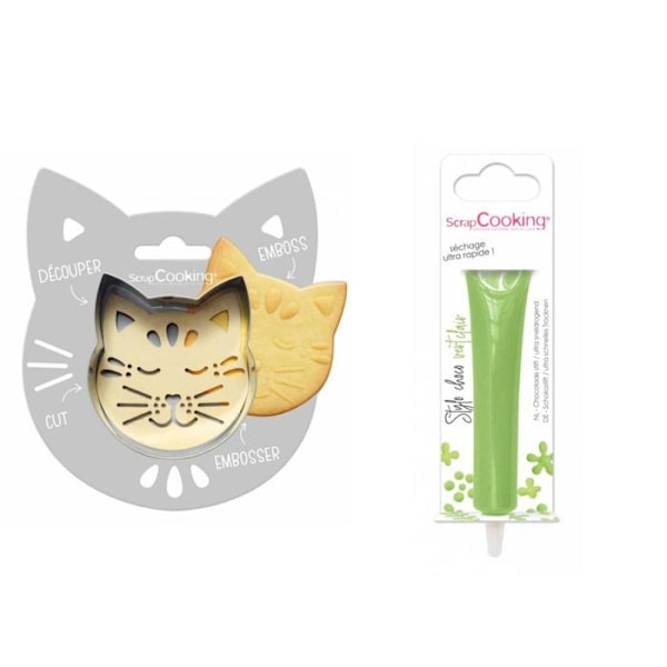 Kit kohokuvioidulle keksille Cat + Vaaleanvihreä suklaakynä Grå