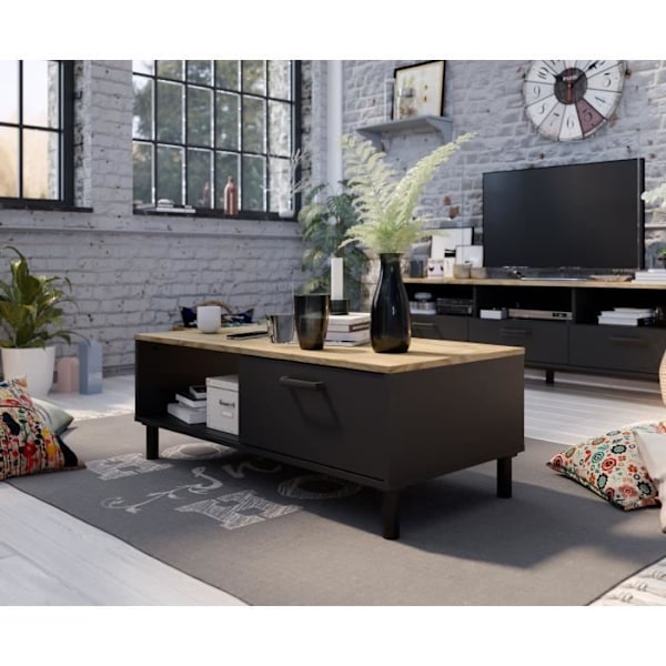 TV-kaappi + OXFORD sohvapöytäsetti - Teollinen tyyli - Musta tammimelamiini - Sohvapöytä: L110 cm ja TV-kaappi 159 cm Black-Oak