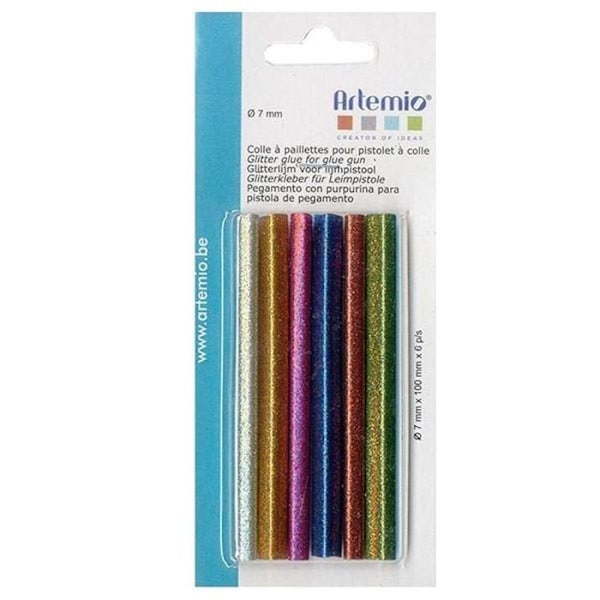 18 limpistolpåfyllningar 7 mm - glitter Röd, grå, rosa, gul, grön, blå