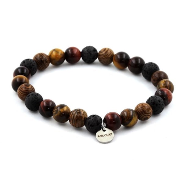 Sten og mineraler. Armbånd Tiger Eye Beads + Lava + Red Tiger Eye + træ 8 Fremstillet i Frankrig. Tiger's Eye, Tiger's Eye red, Lava,