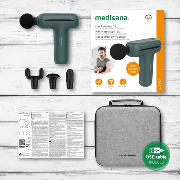 Massagepistol - MEDISANA MG 200 - 5 percussionsiveauer - 5 V - 50 dB - Grå / Grøn Grågrön