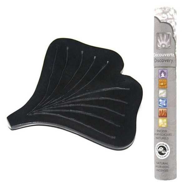 Ginko sort sten røgelsesholder + 14 ayurvediske røgelsespinde Svart