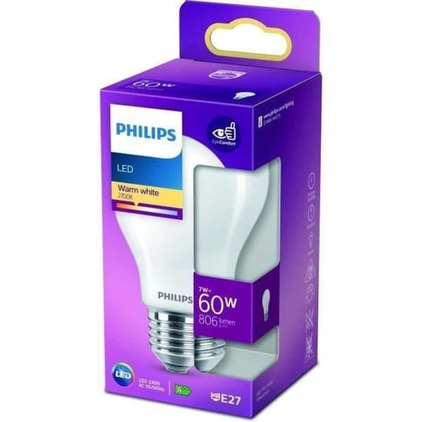 Ampulli standard LED PHILIPS Ei himmennettävä - Hiontalgassi - E27 - 60W - Lämmin valkoinen Hvid