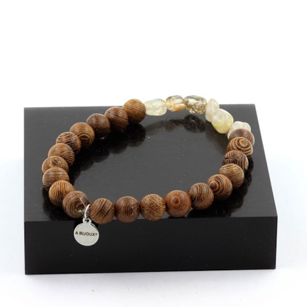 Stenar och mineraler. Gyllene Rutil Quartz Armband från Brasilien + 8 mm träpärlor. Tillverkad i Frankrike. gyllene