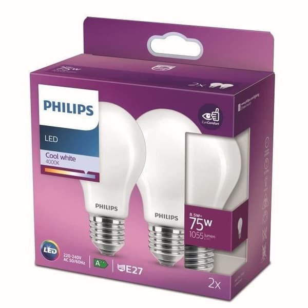 Philips LED -pære Ækvivalent 75W E27 Koldhvid ikke dæmpbar, glas, sæt med 2 Kold hvid