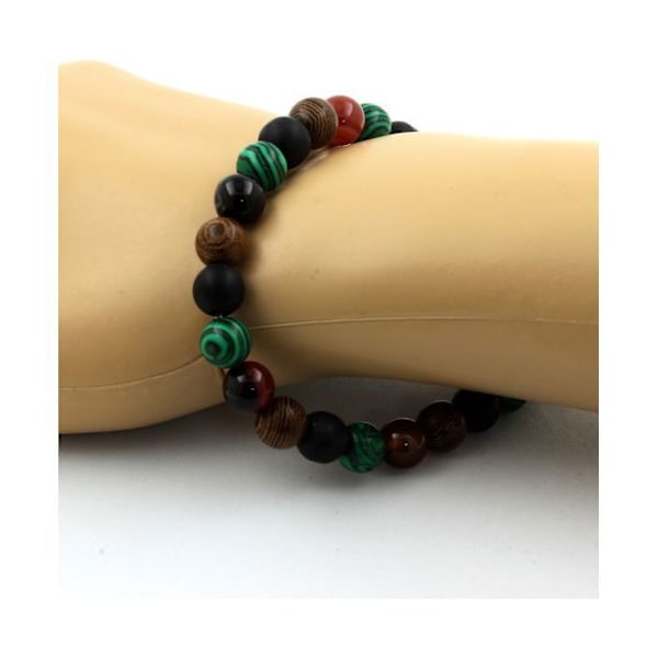 Stenar och mineraler. Banded Agate Beads Armband + Mattsvart Onyx + Malakit + Trä 8 mm. Tillverkad i Frankrike. Agat rutig, Svart onyx, Malakit, Trä