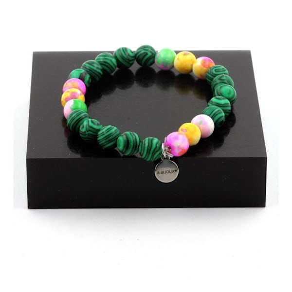 Sten og mineraler. Armbånd Malakitperler + Lilla Gul Jaspis + Gul Pink Jaspis + Fremstillet i Frankrig. Gul, lila, rosa, grön