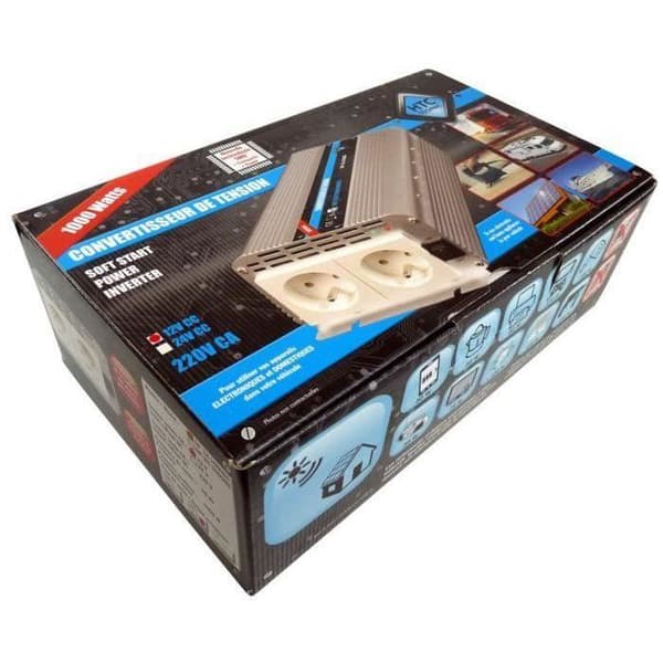 Spændingsomformer - HTC TECHNIC - 12V/220 V - Effekt 1000 W - Med 2 stikkontakter Grå