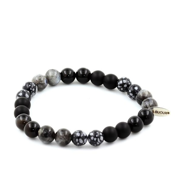 Sten og mineraler. Labradorit + Agat + Snowflake Obsidian Bead Armbånd + Fremstillet i Frankrig. Labradorit, Agat, Snöflinge Obsidia
